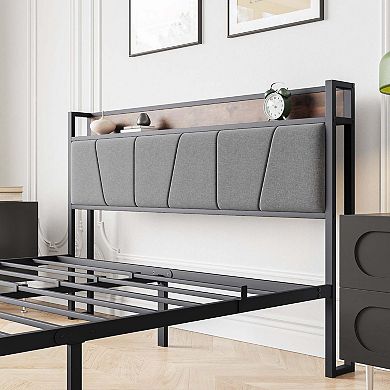 Bed Frame Storage Headboard With Charging Station Solid And Stable No Box Spring Needed