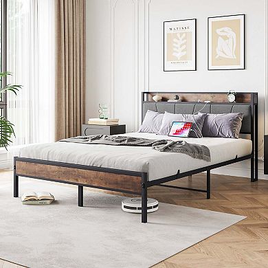 Bed Frame Storage Headboard With Charging Station Solid And Stable No Box Spring Needed