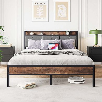 Bed Frame Storage Headboard With Charging Station Solid And Stable No Box Spring Needed