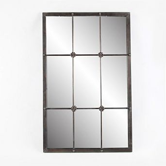LuxenHome Rustic Brown Metal Frame Windowpane Accent Wall Mirror