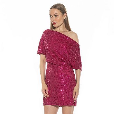 Women's ALEXIA ADMOR Suri Sequin Draped One Shoulder A Line Mini Dress
