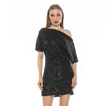 Women's ALEXIA ADMOR Suri Sequin Draped One Shoulder A Line Mini Dress