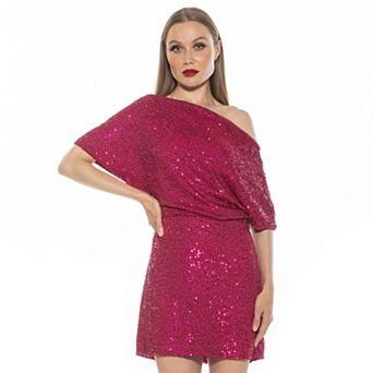 Women's ALEXIA ADMOR Suri Sequin Draped One Shoulder A Line Mini Dress
