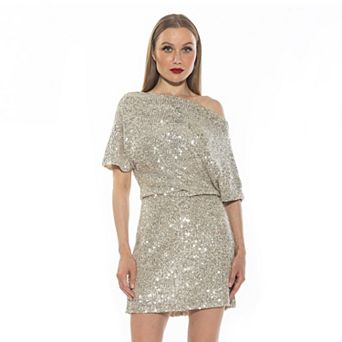 Women's ALEXIA ADMOR Suri Sequin Draped One Shoulder A Line Mini Dress