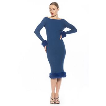 Women's ALEXIA ADMOR Selena Boatneck Knit Dress with Faux Fur Cuff & Hem