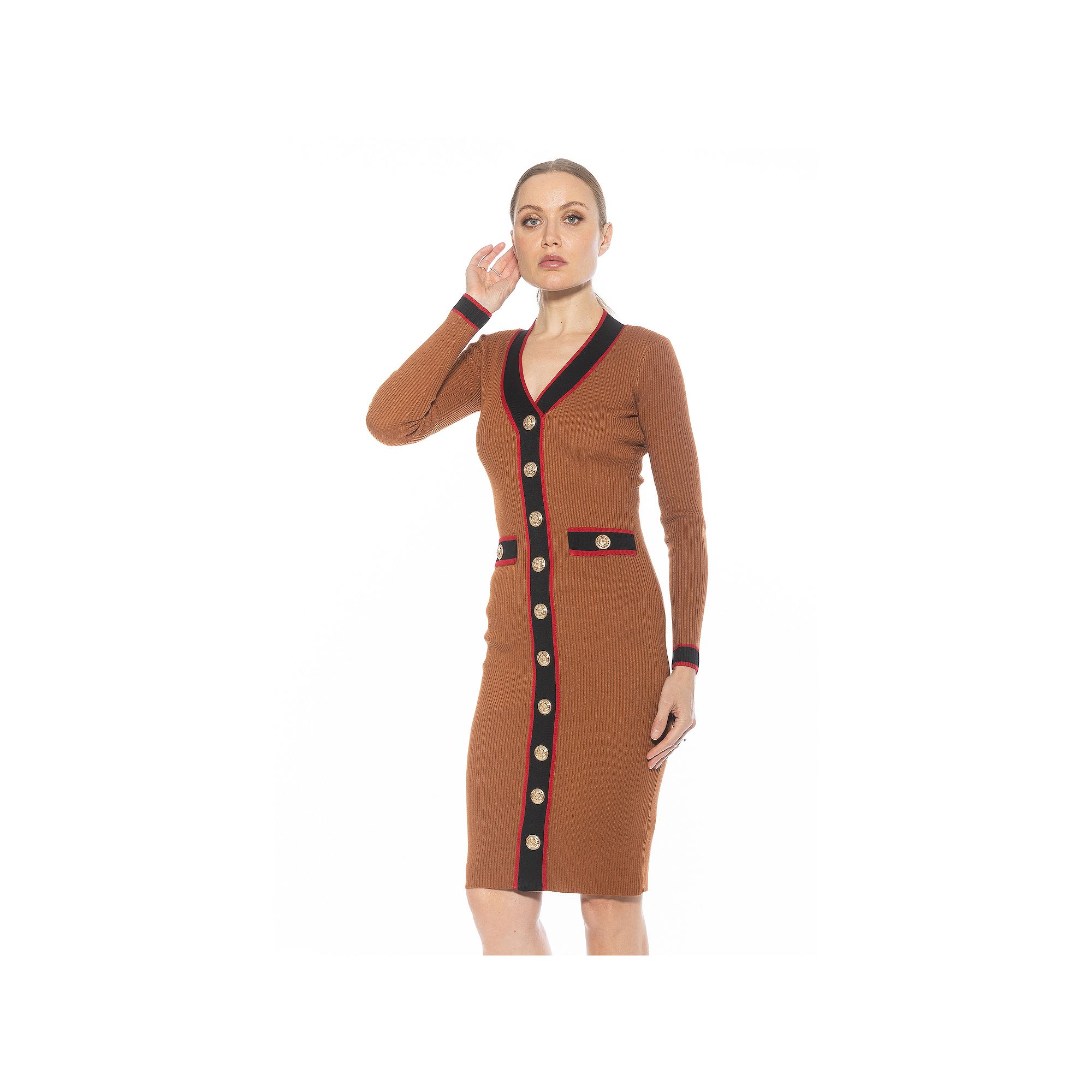 Womens ALEXIA ADMOR Janet V-Neck Button-Front Knit Dress, Size: XS, Camel