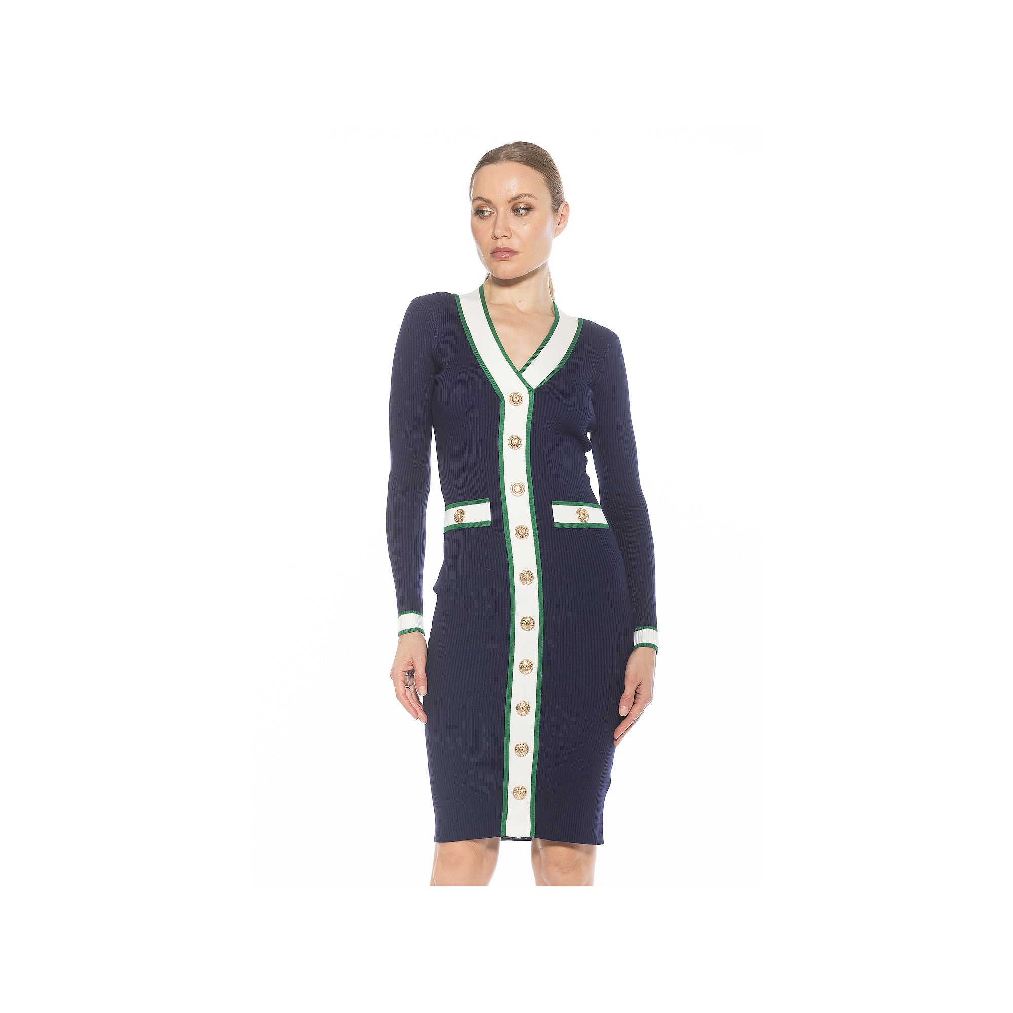 Womens ALEXIA ADMOR Janet V-Neck Button-Front Knit Dress, Size: XS, Blue