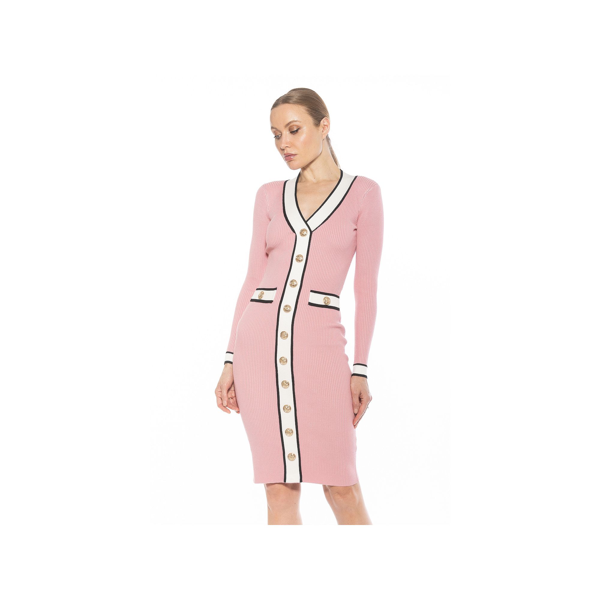 Womens ALEXIA ADMOR Janet V-Neck Button-Front Knit Dress, Size: XL, Pink