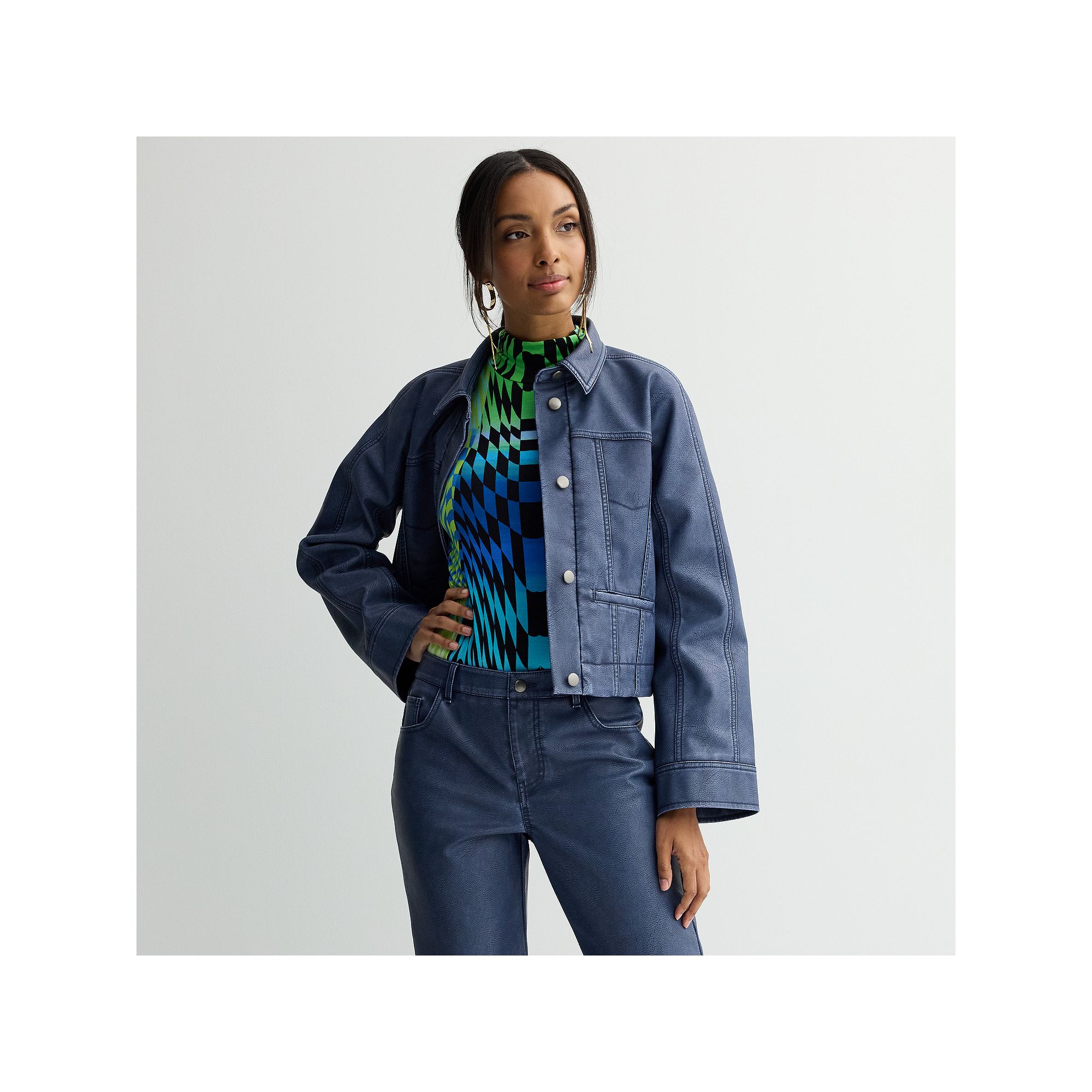 Womens INTEMPO™ Denim Colored Faux Leather Jacket, Size: XS, Blue Pleath