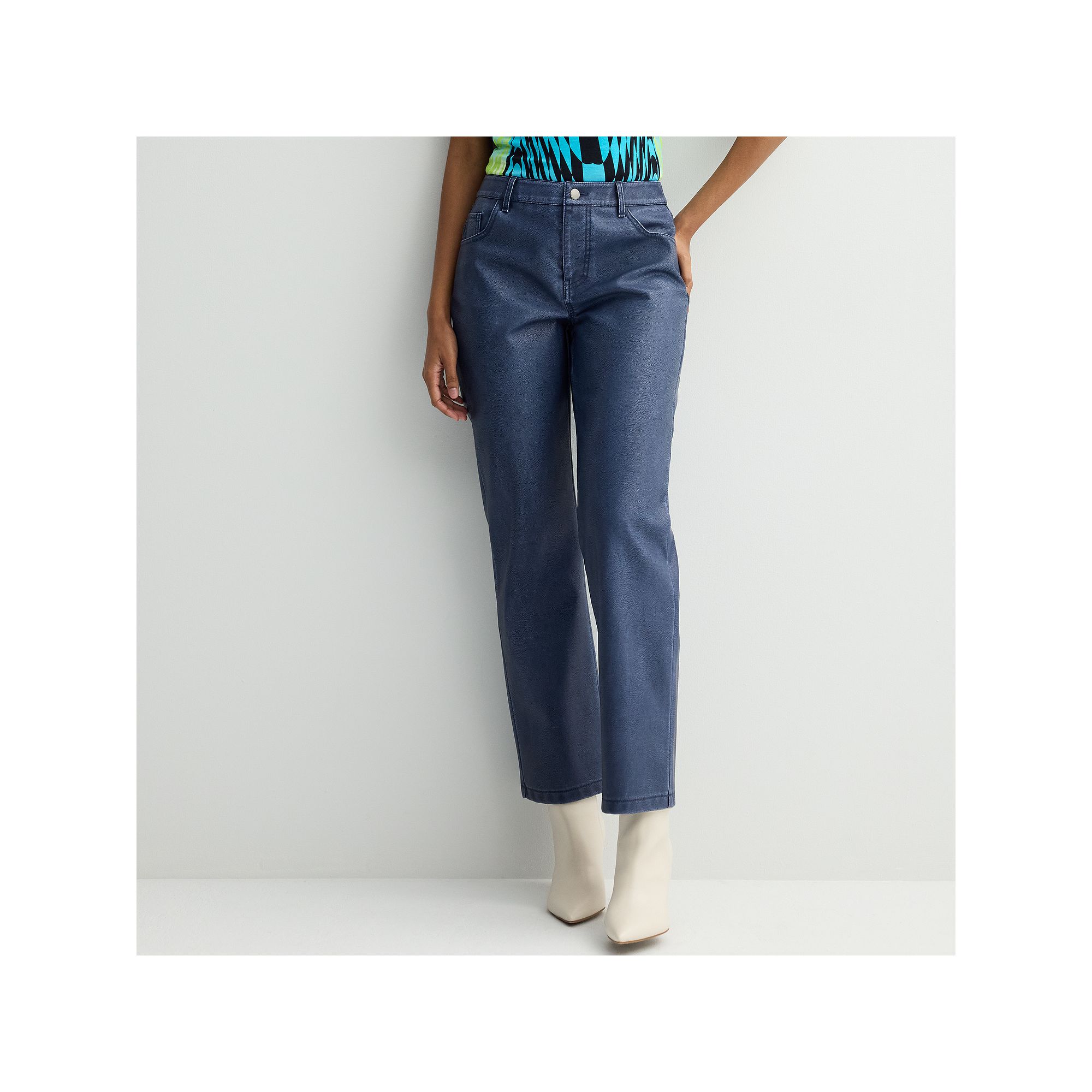 Womens INTEMPO™ High Rise Denim Faux Leather Pants, Size: 2, Blue Pleath