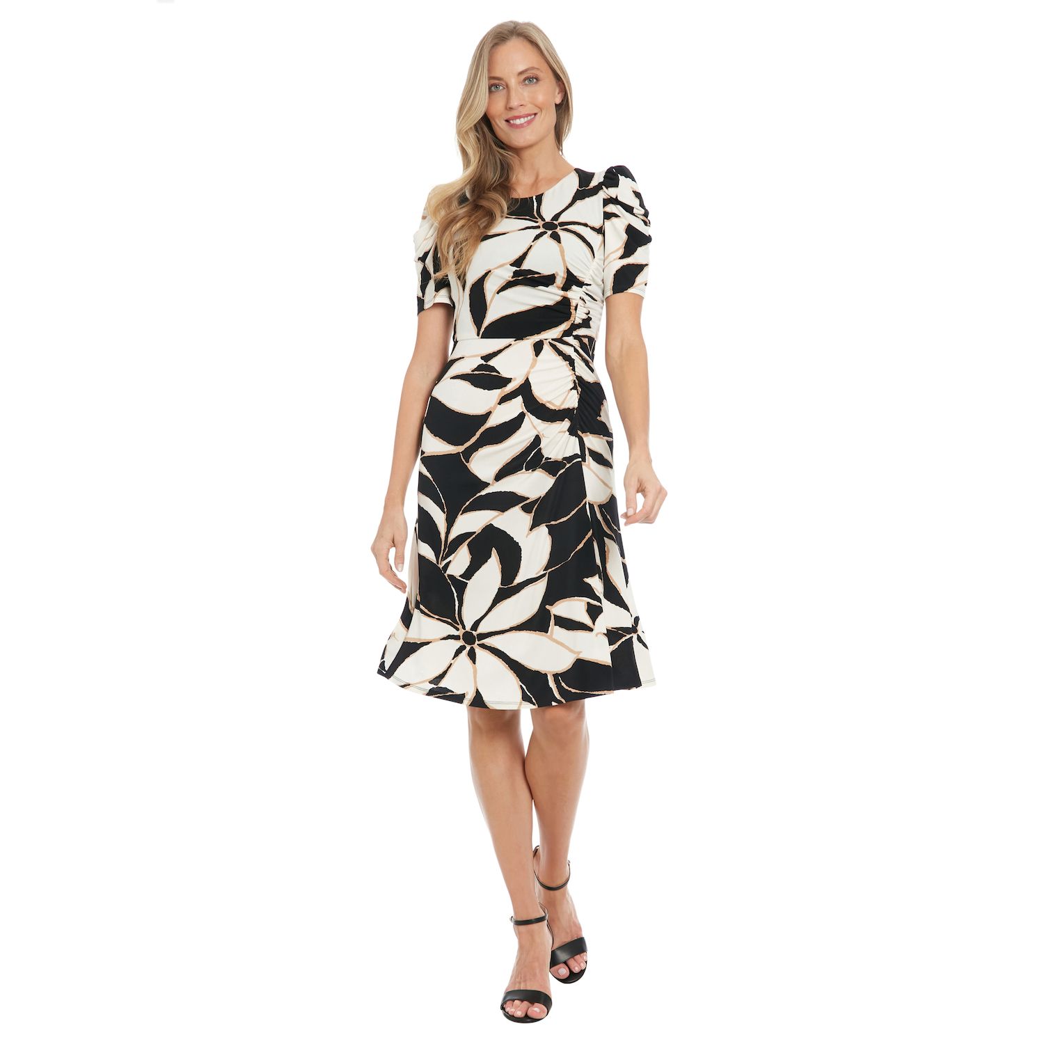Женские платья London Times Puff Sleeve Jewel Neck Ruched Midi Dress