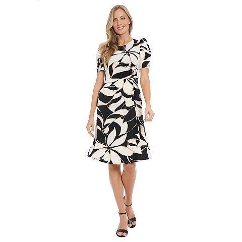 Женские платья London Women's London Times Puff Sleeve Jewel Neck Ruched Midi Dress