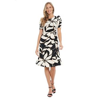 Women's London Times Puff Sleeve Jewel Neck Ruched Midi Dress