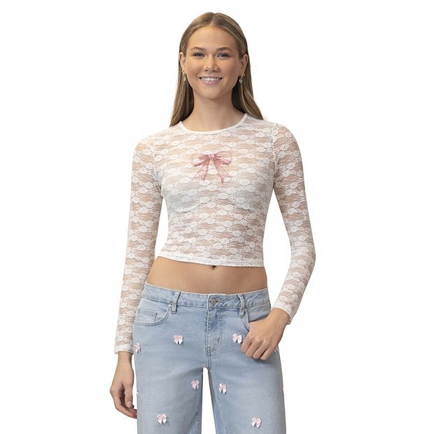 売れ筋商品|||マッデンガール カットソー トップス レディース Juniors' Floral Printed Lace Cap-Sleeve Top Ivory Combo Juniors' madden girl Long Sleeve Crewneck Lace Top