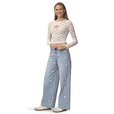 Juniors' madden girl Long Sleeve Crewneck Lace Top