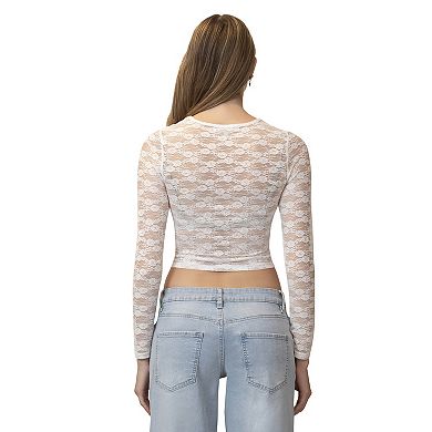 Juniors' madden girl Long Sleeve Crewneck Lace Top
