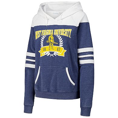 Women's Navy West Virginia Mountaineers Blitz Striped Blocked Raglan Pullover Hoodie