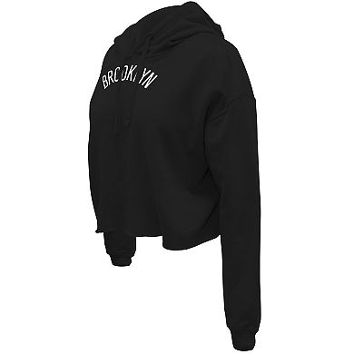 Women's Stadium Essentials Black Brooklyn Nets Origins Script Cropped Pullover Hoodie