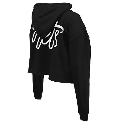 Women's Stadium Essentials Black Brooklyn Nets Origins Script Cropped Pullover Hoodie