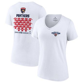 Women's Fanatics White Florida Panthers 2024 Stanley Cup Champions Jersey Roster V-Neck T-Shirt