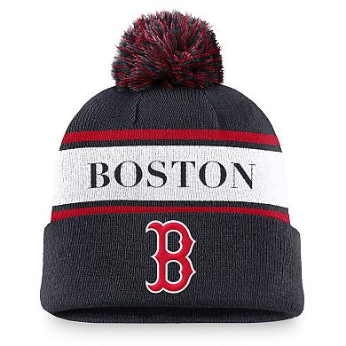 Men's Nike Navy Boston Red Sox Team Stripe Peak Cuffed Knit Hat with Pom