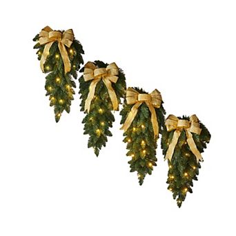 BrylaneHome Pre-Lit Swags With Bows, Set Of 4