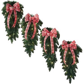 BrylaneHome Pre-Lit Swags With Bows, Set Of 4