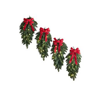 BrylaneHome Pre-Lit Swags With Plaid Bows, Set Of 4