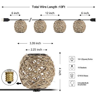 Oahu 10-light Indoor/outdoor Rustic Coastal Incandescent C7 Globe Hemp Rope Shaded String Lights