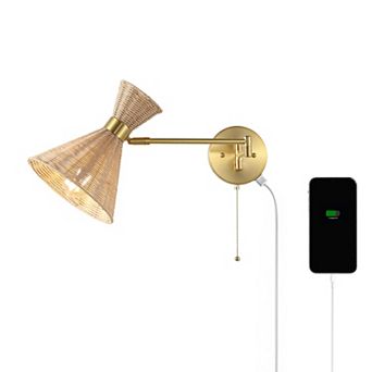 Lily 1-light Mid-century Vintage Retro Rattan/metal Usb Charging Swing Arm Led Sconce, Pull Chain