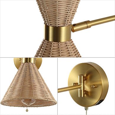 Lily 1-light Mid-century Vintage Retro Rattan/metal Usb Charging Swing Arm Led Sconce, Pull Chain