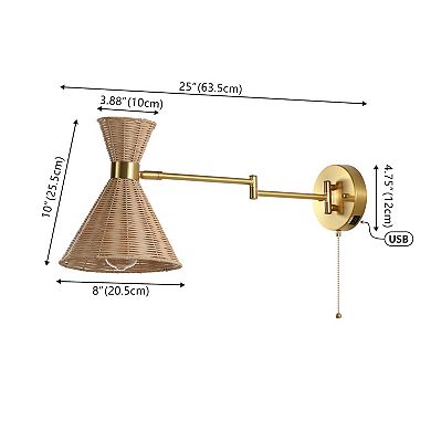 Lily 1-light Mid-century Vintage Retro Rattan/metal Usb Charging Swing Arm Led Sconce, Pull Chain