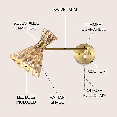 Lily 1-light Mid-century Vintage Retro Rattan/metal Usb Charging Swing Arm Led Sconce, Pull Chain