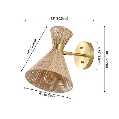 Zoey 1-light Mid-century Vintage Retro Rattan/metal Led Sconce With Adjustable Shade