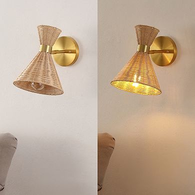 Zoey 1-light Mid-century Vintage Retro Rattan/metal Led Sconce With Adjustable Shade