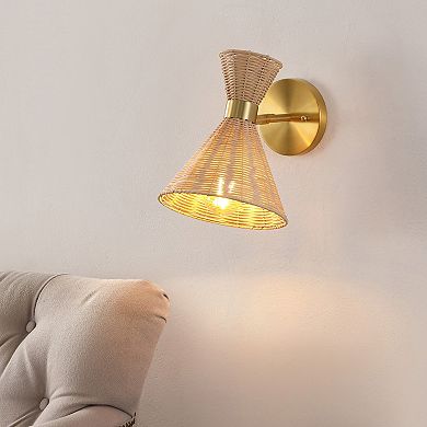 Zoey 1-light Mid-century Vintage Retro Rattan/metal Led Sconce With Adjustable Shade