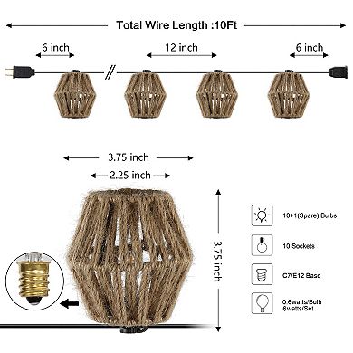 10-light Indoor/outdoor Mid-century Classic Incandescent C7 Lantern Hemp Rope Shaded String Lights