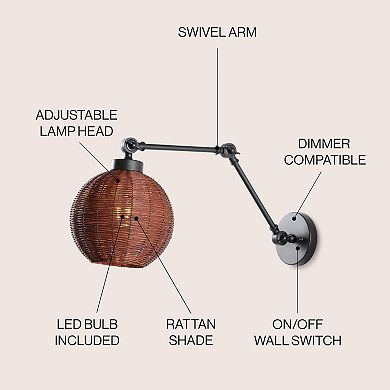 Lyla 1-light Mid-century Vintage Rattan Globe Swing Arm Led Sconce
