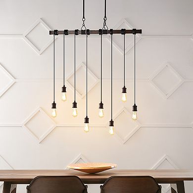 Rhys 8-light Vintage Industrial Driftwood Iron Led Linear Chandelier With Height Adjustable Bulbs