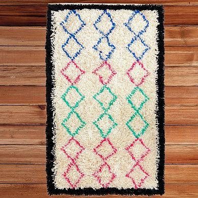 Handwoven Multicolored Geometric Trellis Plush Wool Shag Area Rug
