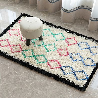 Handwoven Multicolored Geometric Trellis Plush Wool Shag Area Rug