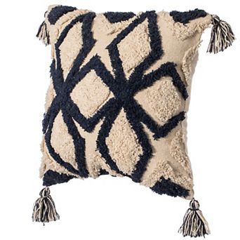Handwoven Cotton Throw Pillow Cover with Tufted Blue & White Geometric Pattern and Corner Tassels