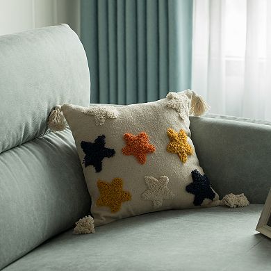 Handwoven Cotton Throw Pillow Cover with Tufted Star Pattern and Side Tassels with Filler