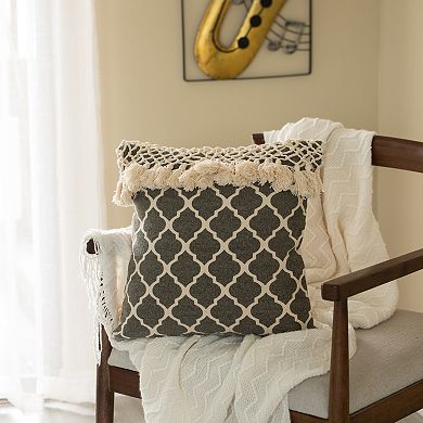 Handwoven Cotton Throw Pillow Cover with Ogee Pattern and Tasseled Top with Filler
