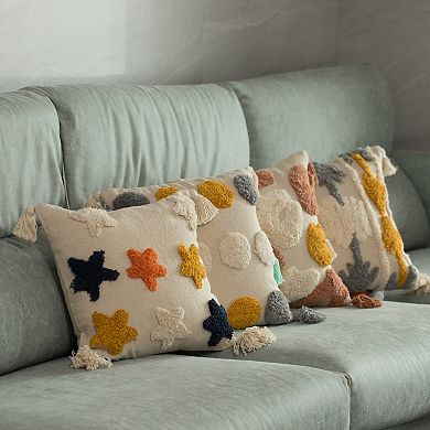 Handwoven Cotton Throw Pillow Cover with Tufted Dot Pattern and Side Tassels with Filler