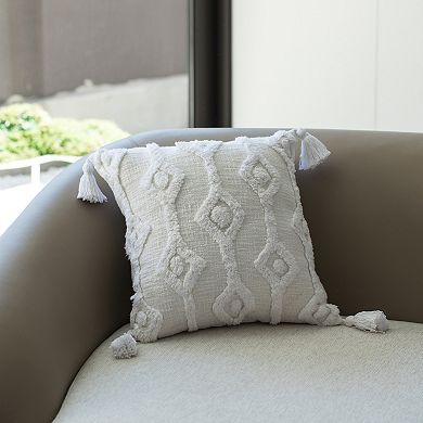 Handwoven Cotton Throw Pillow Cover with Small White Tufted Diamond Pattern and Tassel Corners
