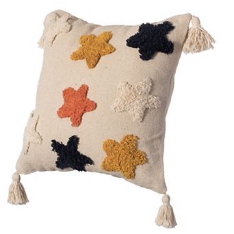 Handwoven Cotton Throw Pillow Cover with Tufted Star Pattern and Side Tassels