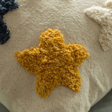 Handwoven Cotton Throw Pillow Cover with Tufted Star Pattern and Side Tassels