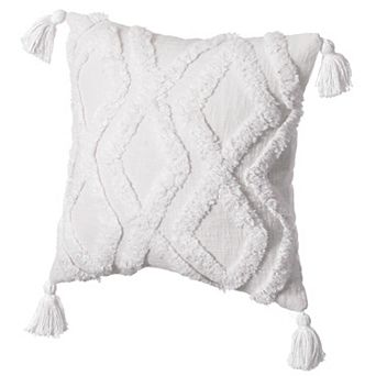 Handwoven Cotton Throw Pillow Cover with Large White Tufted Diamond Pattern and Tassel Corners