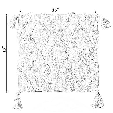 Handwoven Cotton Throw Pillow Cover with Large White Tufted Diamond Pattern and Tassel Corners